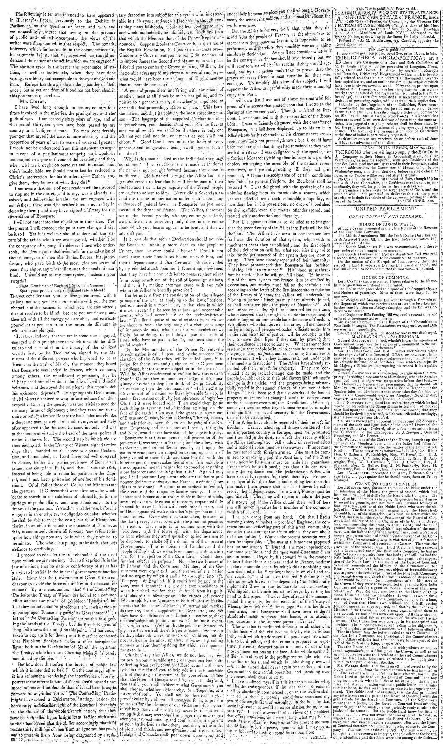 Letters of Verax Morning Chronicle Thursday, May 25, 1815 RESIZED.jpeg